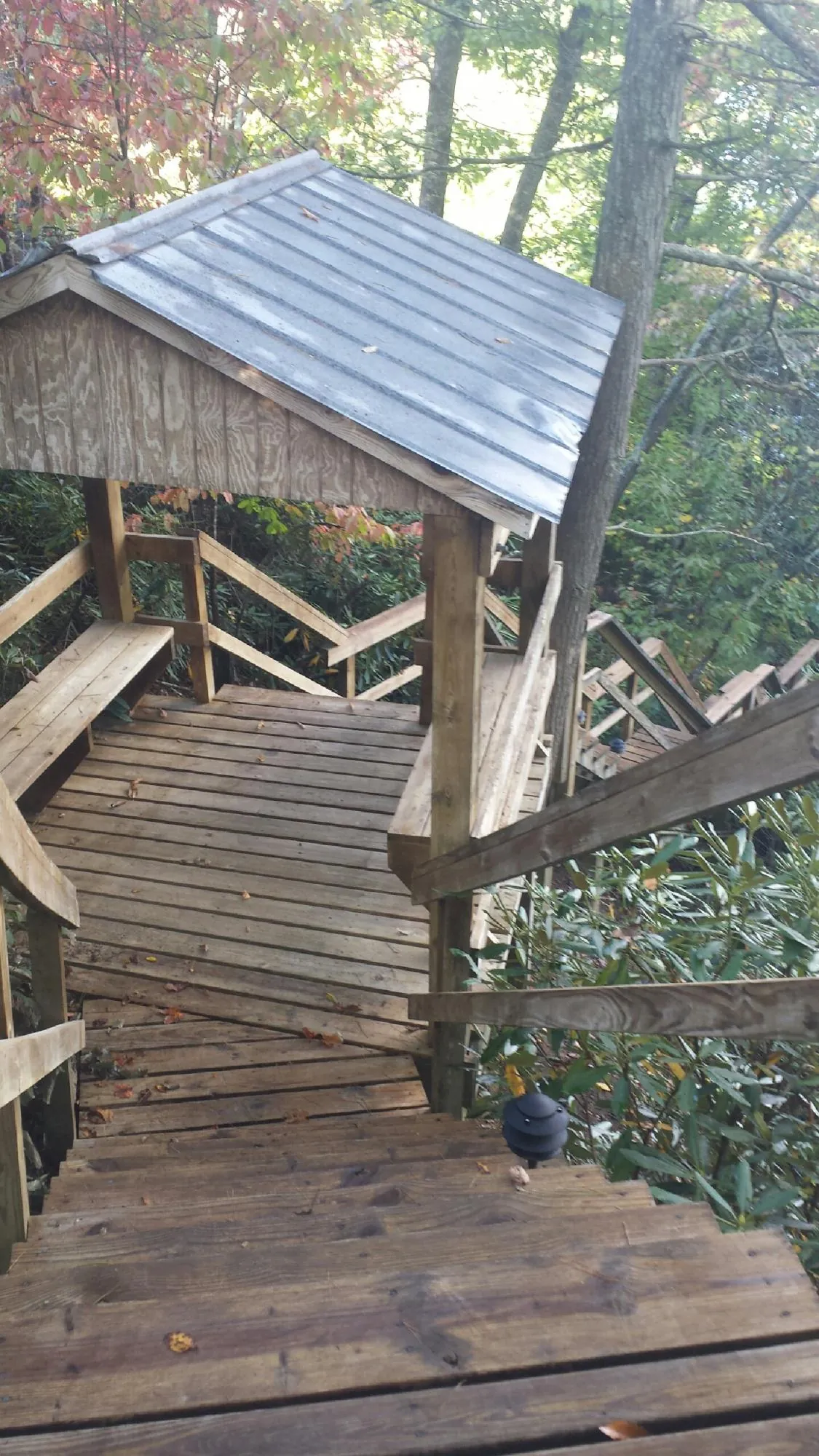 Metal roofed shelter over wooden steps on a wooded walkway — Skylight Repair & Installation work by our crew in Cook